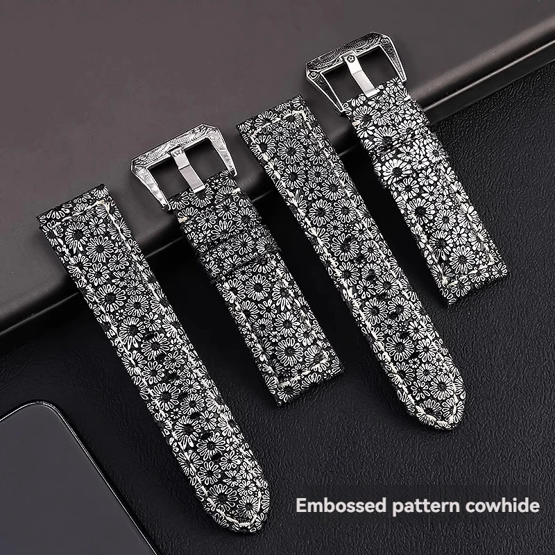 ل بانيراي PAM111 441 1312 حزام من الجلد الطبيعي لومينور ريترو جلد البقر الرجال 22 مللي متر 24 مللي متر 26 مللي متر منحوتة مشبك الرجعية زهرة حزام الساعات