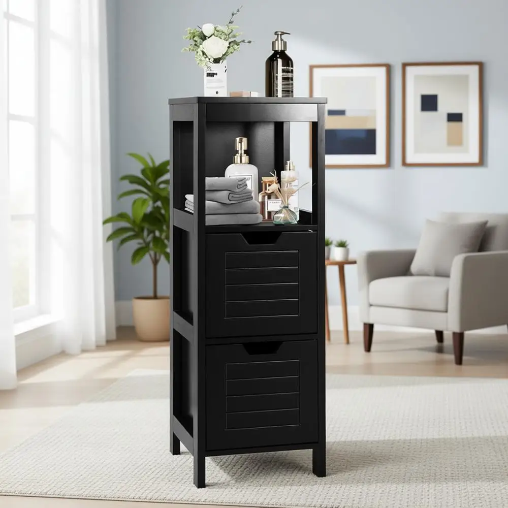 

Отдельно стоящий деревянный шкаф для хранения вещей с 2 регулируемыми полками, идеально подходит для гостиной, ванной комнаты, спальни или прихожей (черный)