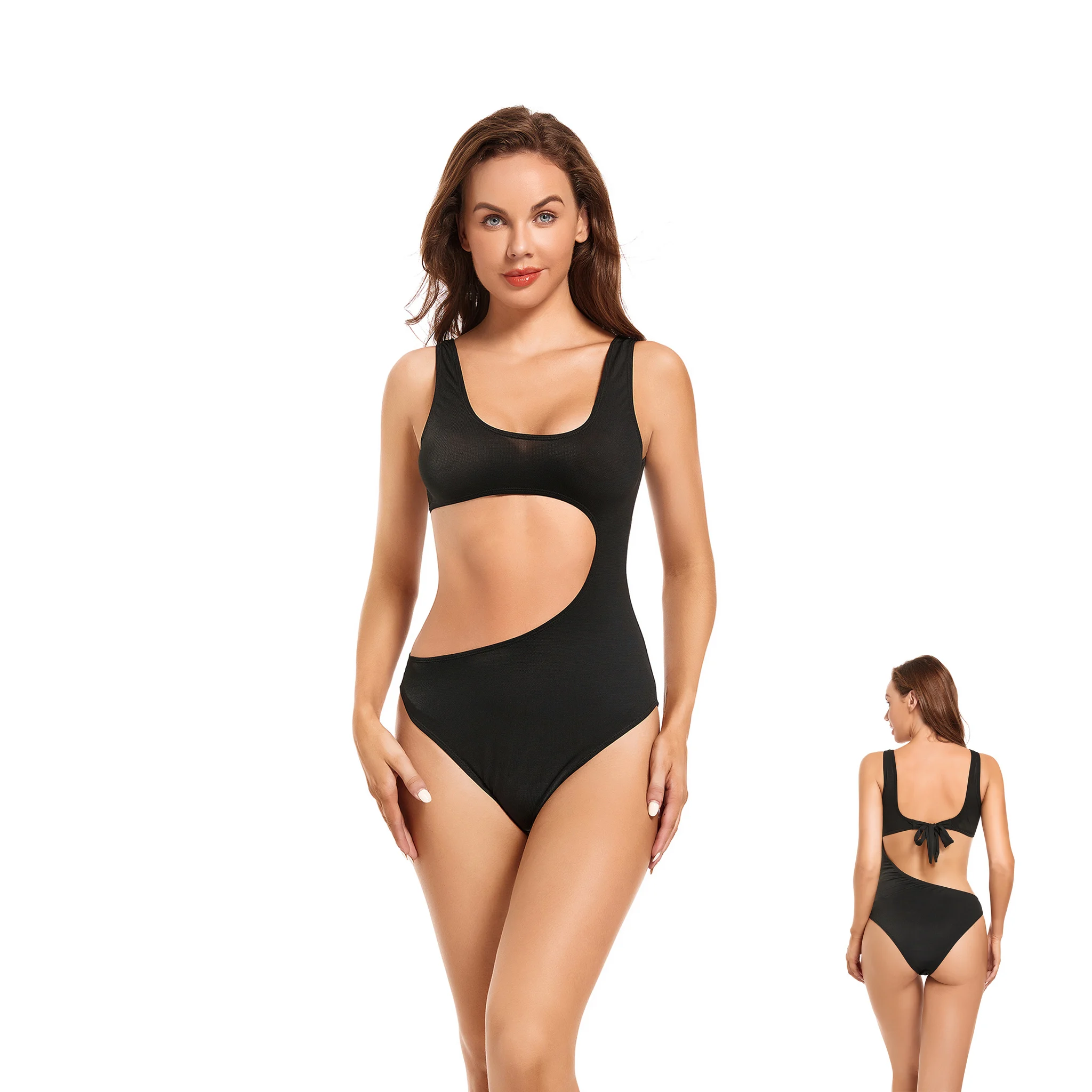 Volagor Tan Through Swimsuit Side Cut Out One Piece No Tan Lines Tanning Monokini Thick Strap Sunbathing Wear