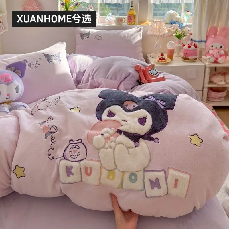 

Sanrio Hello Kitty Cinnamoroll Winter Milk Velvet Four Piece Set Thickened Coral Flannel Duvet Cover Bed Sheet Three Piece Set