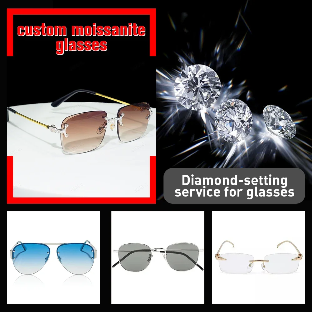 Custom Pass Tester VVS Moissanite Iced Out Diamond Letter Logo Lens Colored Glasses Eyewear Sunglasses Jewelry For Men Women