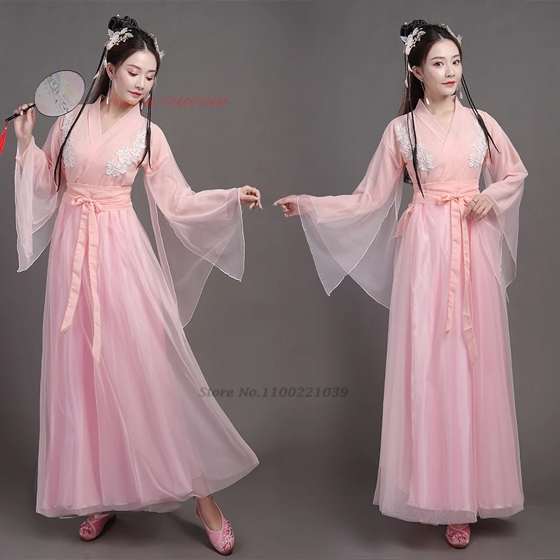 

2024 chinese vintage folk dance costume national flower embroidery chiffon hanfu dress traditional stage performance dance dress