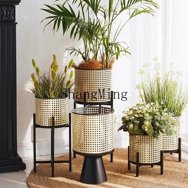 SM imitation rattan woven wrought iron flower stand balcony green plant creative flower pot stand cream decoration ornament