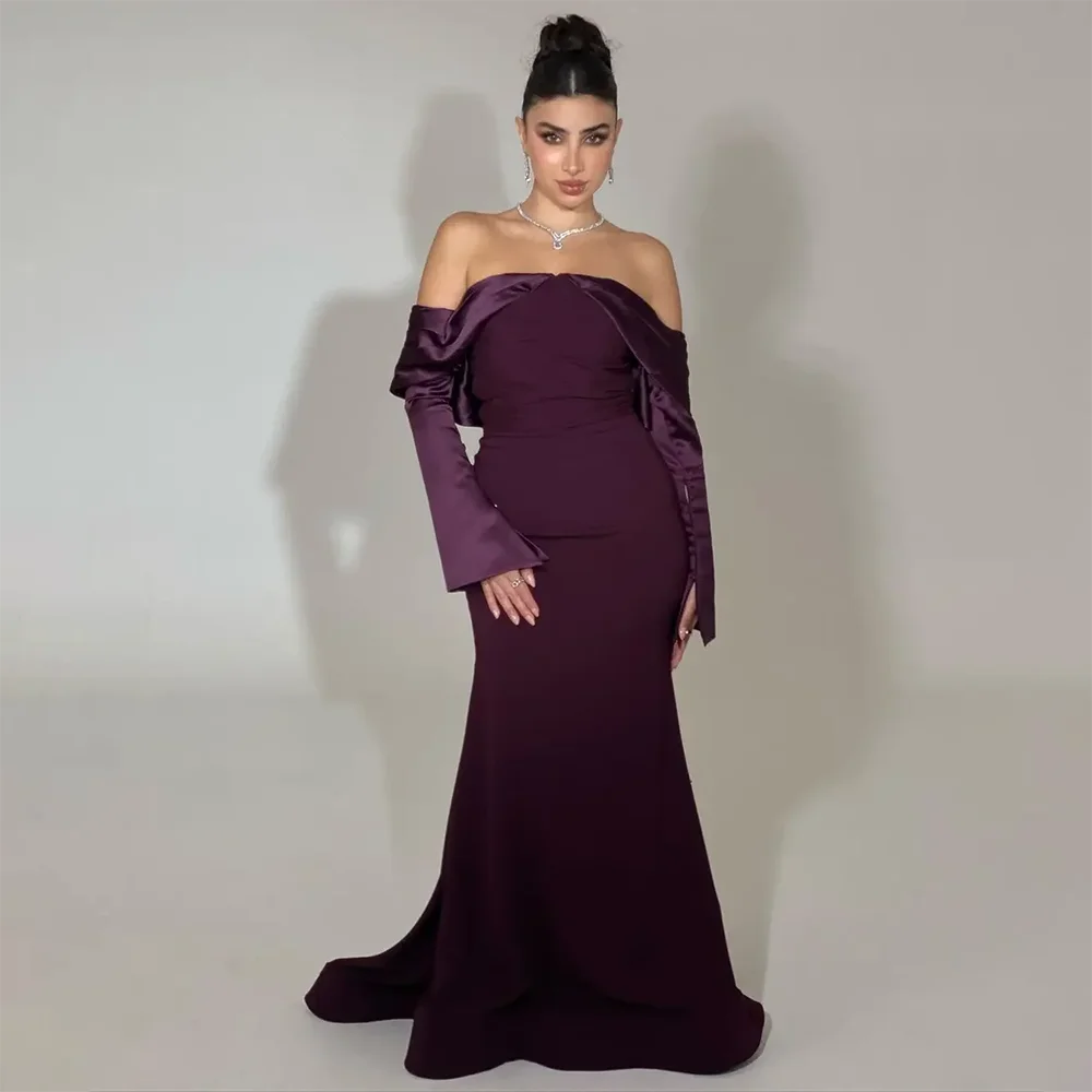 

Выпускные платья для женщин с открытыми плечами, плиссированные платья русалки для выпускного вечера с длинными рукавами и открытой спиной, со шлейфом, вечернее платье