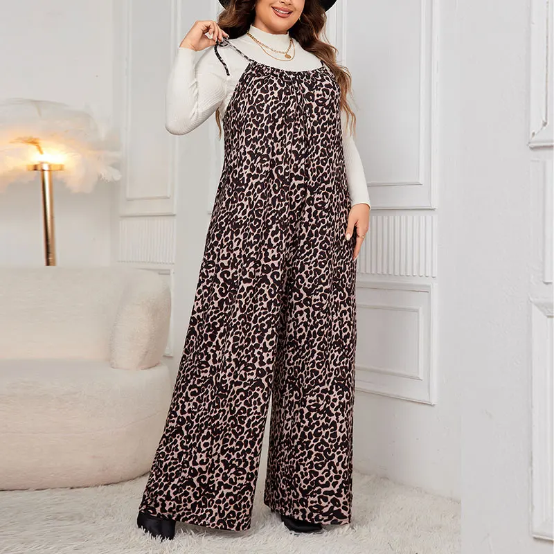 Plus Size Leoparden-Overalls, sexy Schnürriemen, ärmellose Hosen mit weitem Bein, modische, lockere braune Overalls