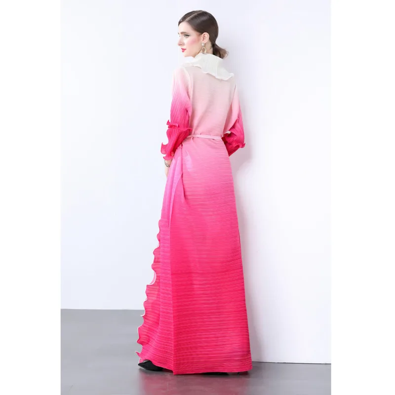 #2366 Gradient Color Pleated Long Dress Women Loose Cardigan Dress Kimono France Style A-line Retro Dress Ladies Ruffles Spring