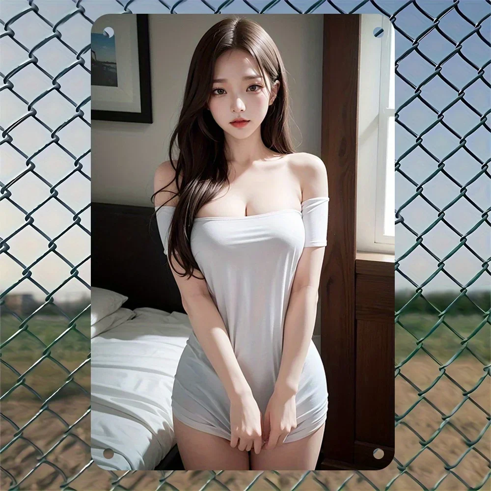 （2D Tin painting）HD Metal Tin Sign Elegant Asian Lady in Off-Shoulder White Mini Dress Posing on Bed Vintage Wall Art Decor f