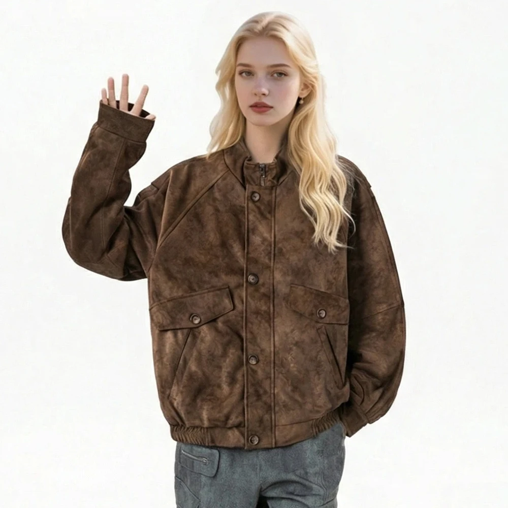 เสื้อแจ็คเก็ตหนังผู้หญิงสไตล์อเมริกันวินเทจ PU แจ็คเก็ตมอเตอร์ไซค์แบบมีซิป แขนยาว มีกระเป๋า เสื้อโค้ทสำหรับฤดูใบไม้ผลิ รุ่นใหม่ในหมวดเสื้อผ้าชั้นนอก