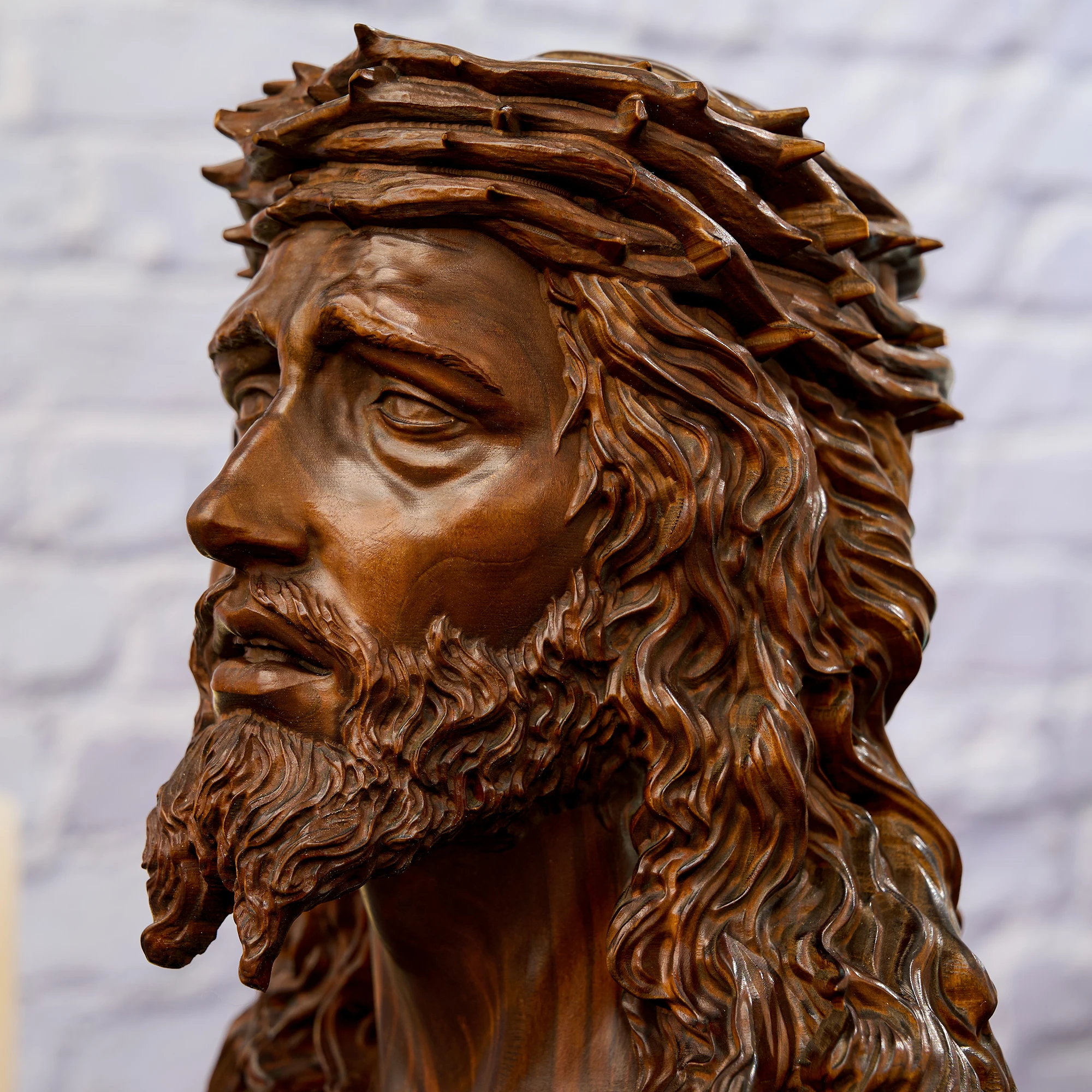 Wood Carved Jesus Christ Bust Statue Crown of Thorns Religious Sculpture Retro Wooden Head Figurine Catholic Home Altar Tabletop - view 6