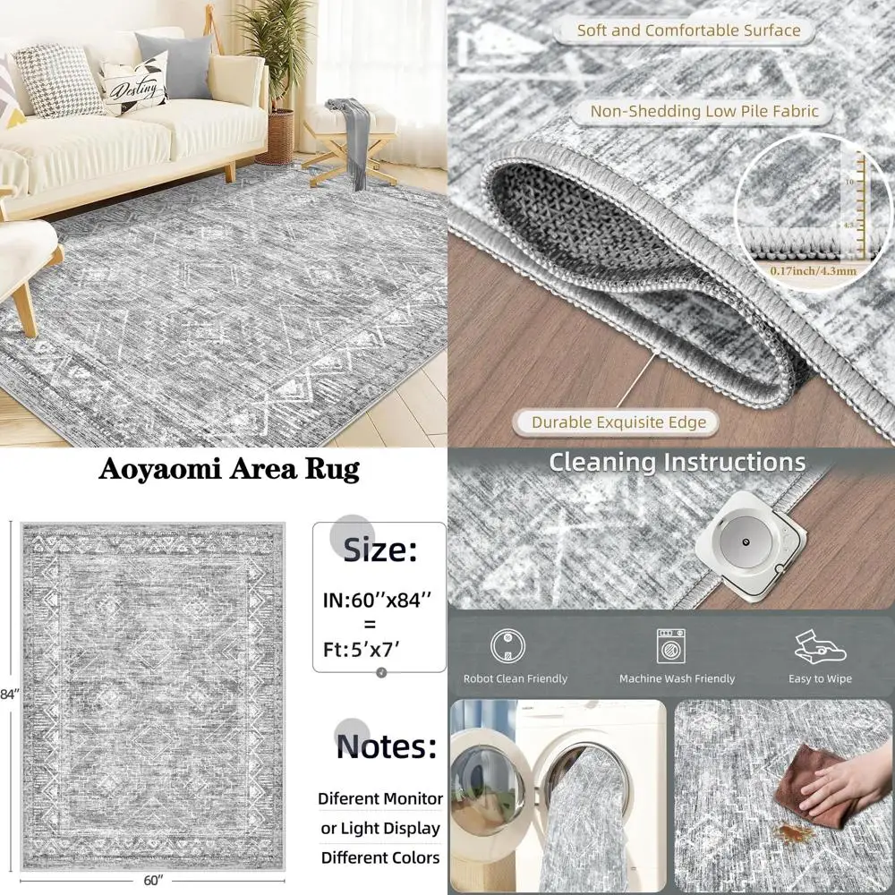 

Большой геометрический ковер в стиле бохо 5x7 футов с эффектом потертости - мягкий, машинная стирка, устойчив к пятнам, для современного домашнего декора