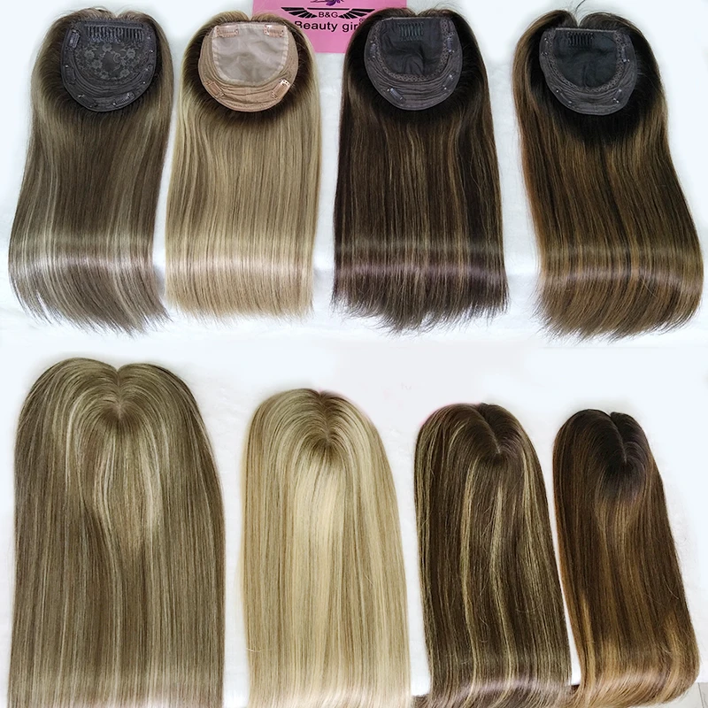 

Factory Premium Highlight Hair Toupee For Women 12A Grade Natural Scalp 5 Clips Hair Toppers Human Hair Silk Base