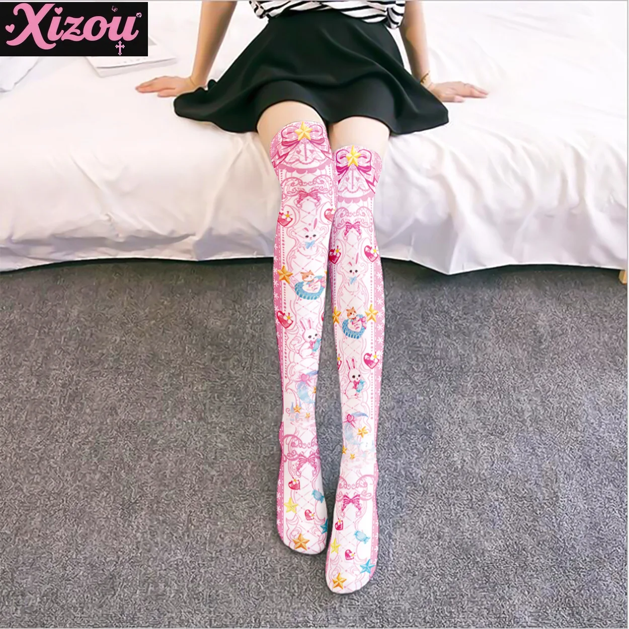 Moe Kawaii Printed Stockings Thin Women's Spring and Autumn Lolita Pink Cute Anime Knee Long Tube White Velvet Sockings Female