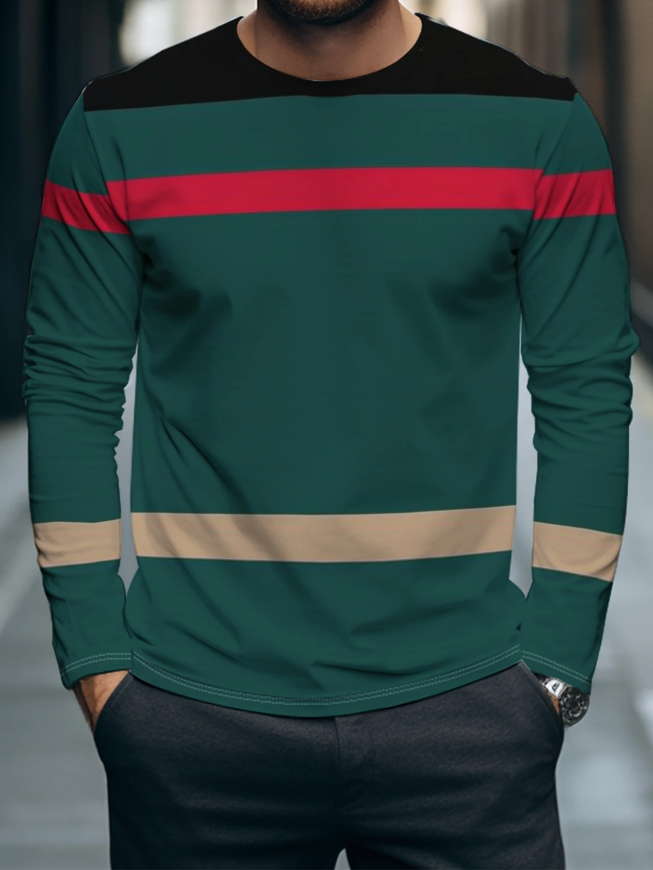 2026 Men's Stitched Print Long Sleeve T-shirts Autumn Men's Clothing Plus Size Round Neck Long Sleeve Top Outdoor Loose Menswear