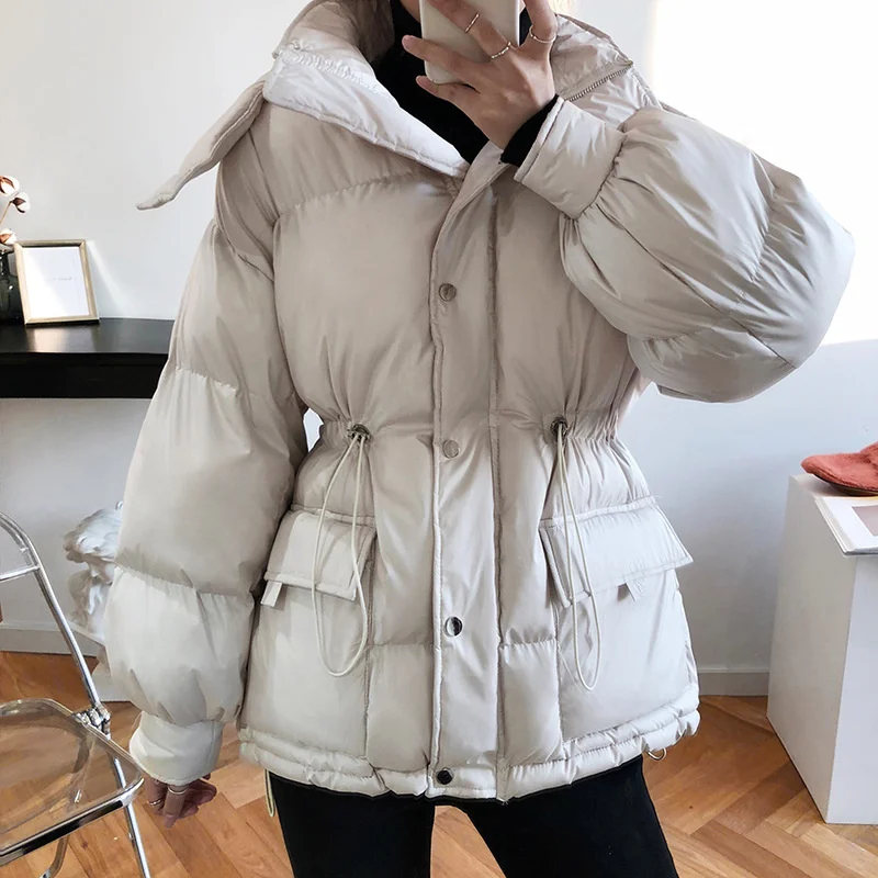 2022Winter Drawstring Waist Hooded Down Cotton Coat Loose Pocket Long Sleeve Warm Women Parkas Winter Thickened Windproof Jacket