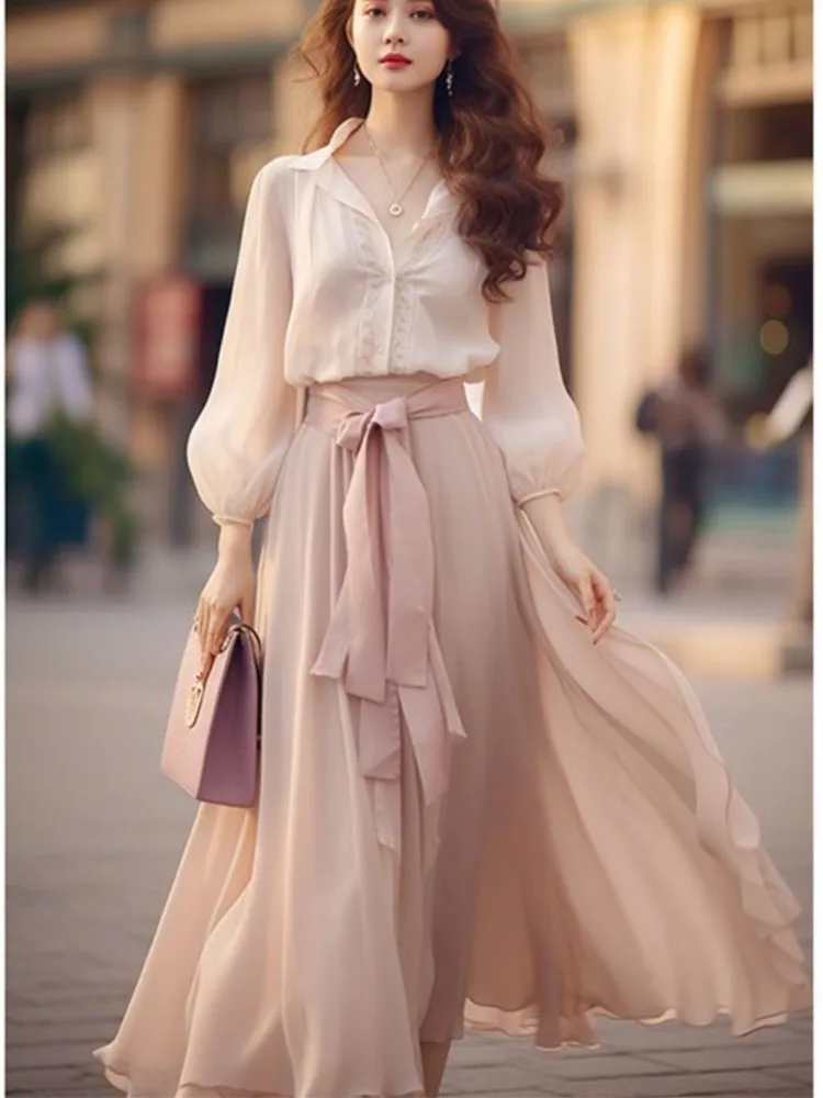 

Spring Summer Elegant Two-piece Skirt Set Women Long Sleeves Shirt Midi A-line Skirt with Belt Korean Chic Casual Outfits 2024