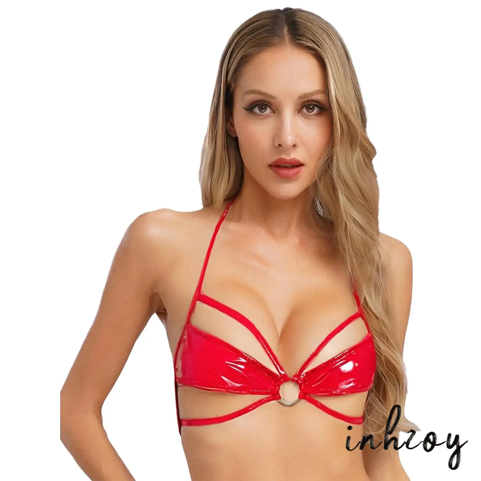 

Womens Wet Look Micro Bra Halter Hollow Out Mini Cup O-ring Linked Wireless Bralette Lace-up Bra Erotic Lingerie Sexy Nightwear