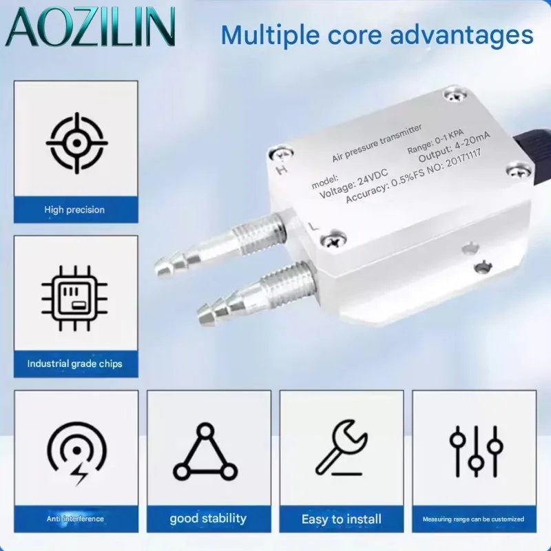 AOZILIN Air Pressure Differential Sensor RS485 4-20mA Negative Pressure Transmitter For Fire Fan Sensing & Control System