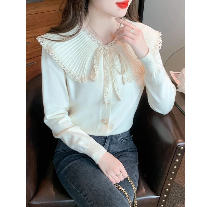 Women Stylish Lace-up Bow Patchwork Sweet Chic Knitted Sweater Autumn Winter Female Elegant Lace Long Sleeve Slim Pullover Tops