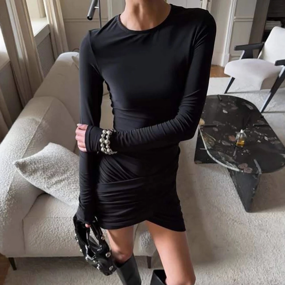 

Ticketsx Solid Ruched Mini Dress Fashion Patchwork Long Sleeve Slim Women Dress Vintage Elegant Casual High Street Office Dress
