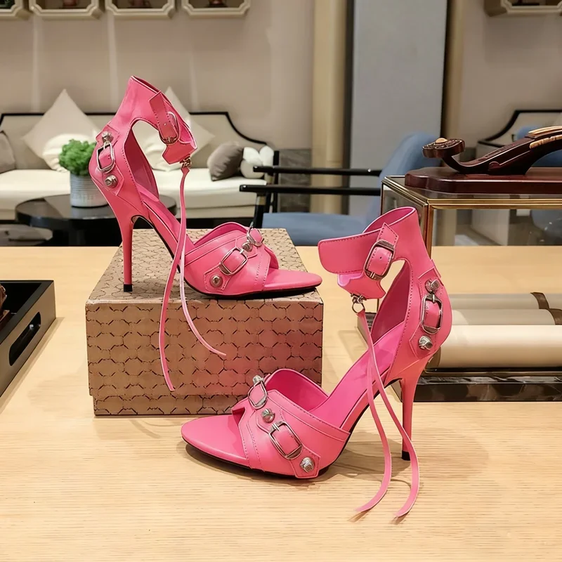 One-Line Belt Punk Style Women's Sandals New Models Stiletto Heels Rivets Women's Shoes Leaky Toe European Style  Leather Shoes