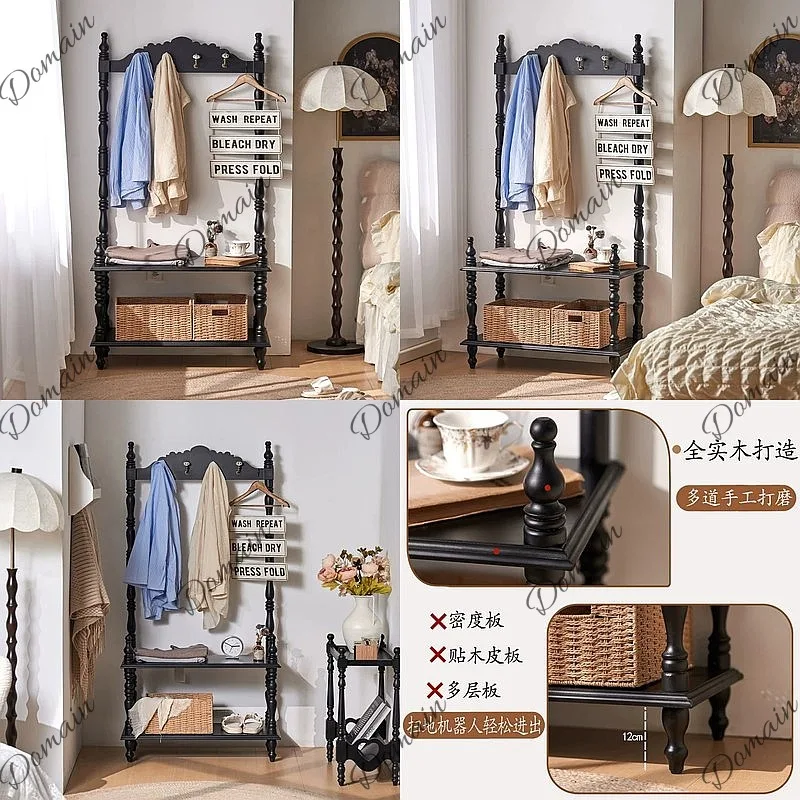 French Retro Solid Wood Coat Rack Floor Standing Vintage Clothes Hanger for Bedroom Living Room