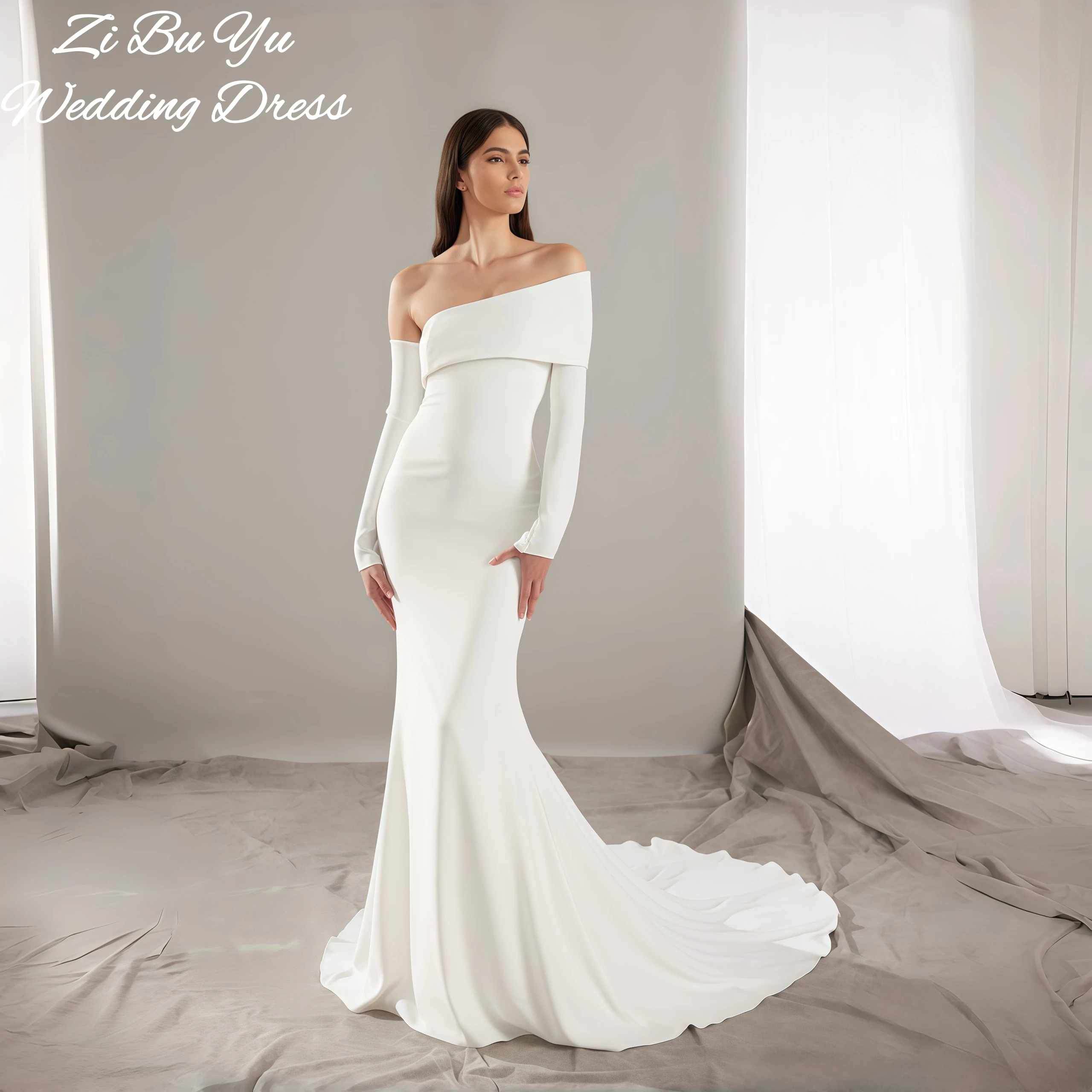 

ZIBUYU Customized Elegant Wedding Dress 2026 Off-the-Shoulder Sleeveless Backless Long Sleeve Satin Mermaid Train Bridal Gowns