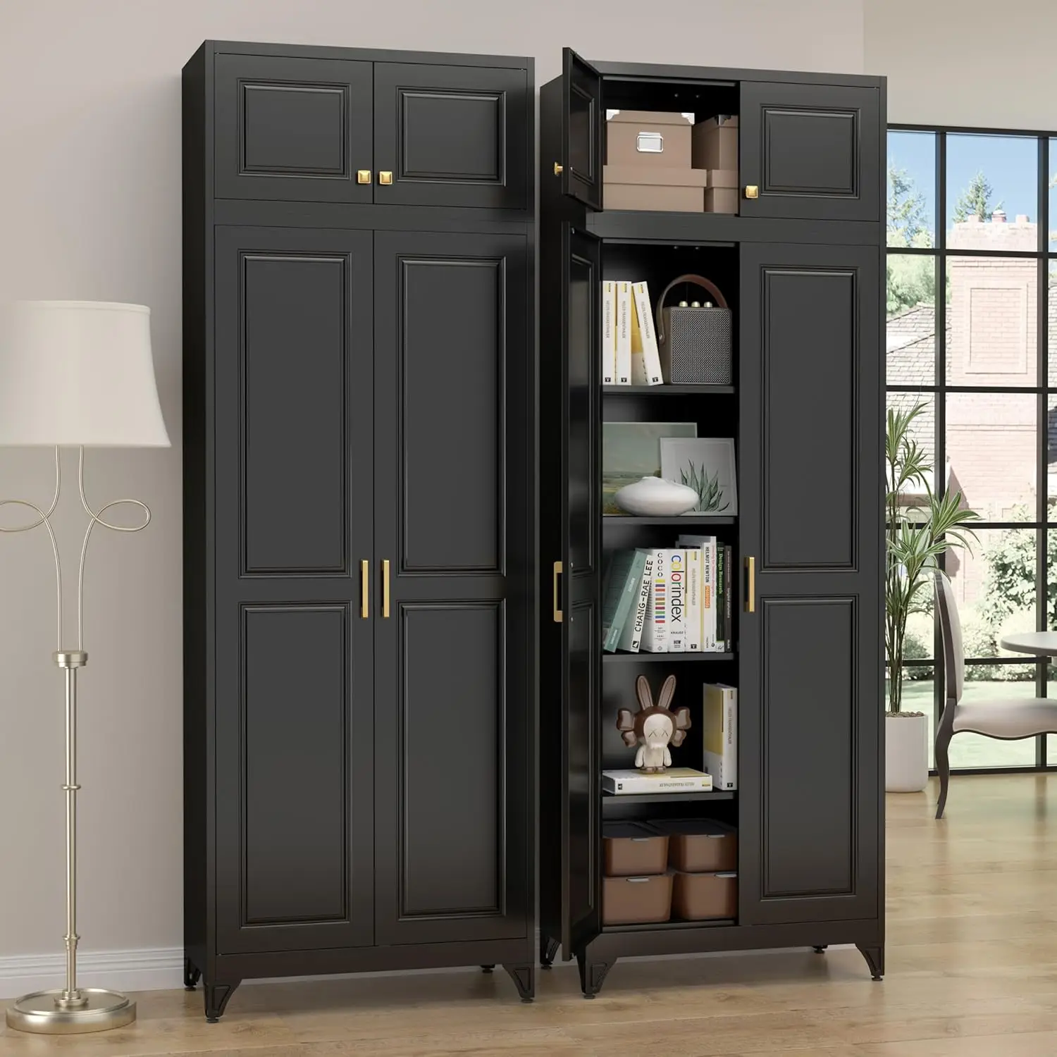 

Кухонный шкаф-кладовка 90 дюймов, металлические шкафы для хранения с дверцами и 4 регулируемыми полками, черный кухонный шкаф с 2 секциями, на заказ