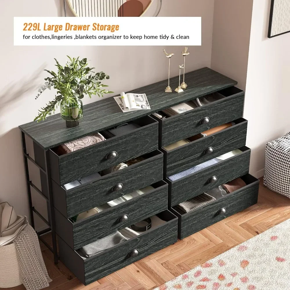 8 Drawer Dresser Wide 47.2'' Long, Storage Chest of Drawer for 55'' TV Stand in Closet, Wooden Top Industrial Furniture