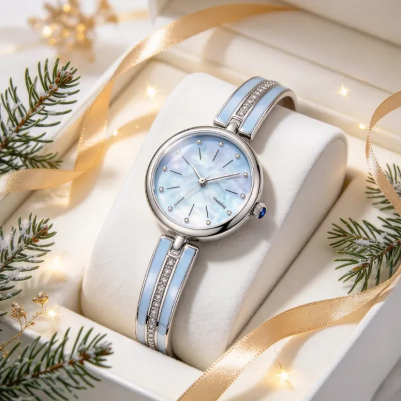 comlorvei Women's Quartz Wrist Watch, Slim Enamel Bangle Watch with Rhinestone Inlay, Round Shell Dial Fashion Ladies Watch