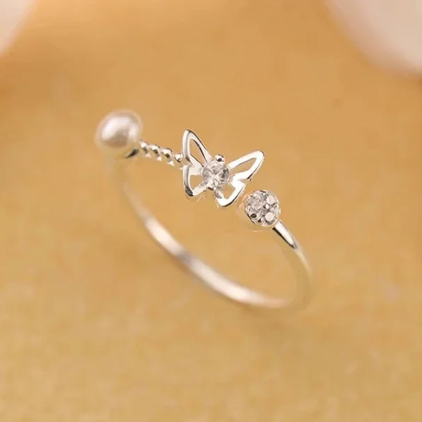 Real 925 Sterling Silver Minimalist Zircon Pearl Hollow Butterfly Rings for Women Cute Opening Fine Jewelry Insect Accessories