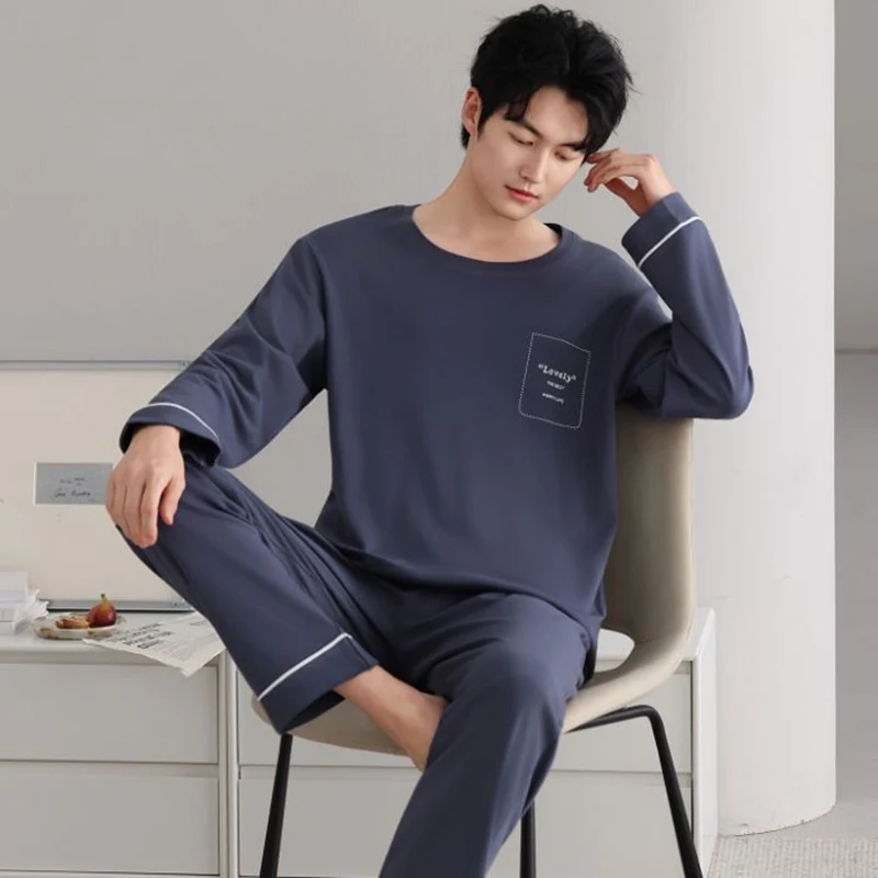 2026 Autumn Plus Size Long Sleeve 100% Cotton Pajama Sets for Men Korean Loose Sleepwear Suit Pyjamas Male Homewear Home Clothes