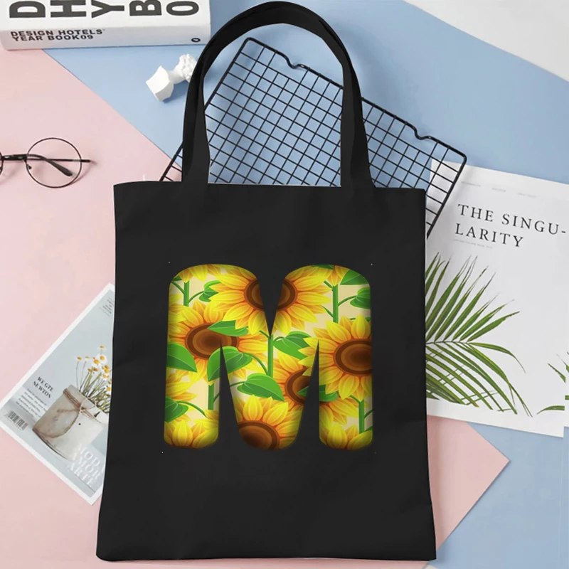 Sunflower 26 Alphabet Tote Bag Women Plant Aesthetics Y2K Canvas Fashion Shoulder Commuter Bag Teen Shopping Handbags