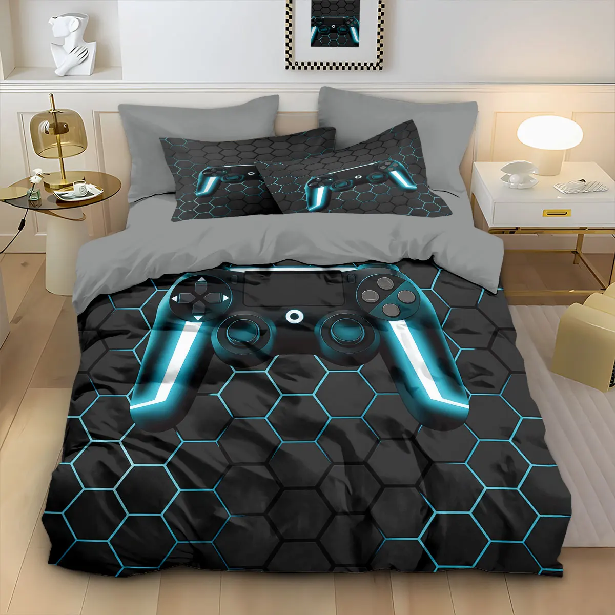 Juego de 3 Fundas de Edredón con Estampado de Control de Videojuegos, Decoración para Cama de Varios Tamaños, Lavable a Máquina
