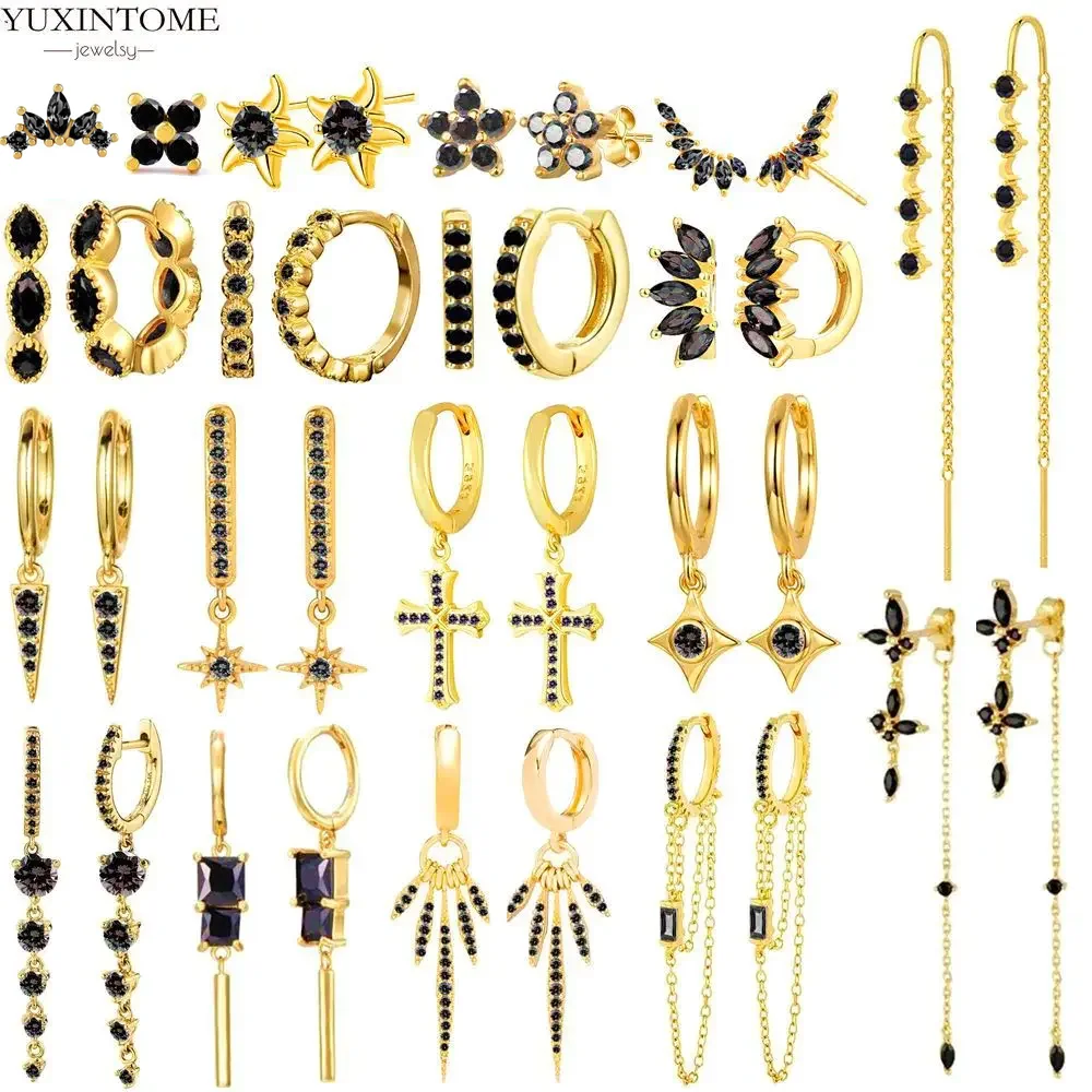 

925 Sterling Silver Needle Luxury Black Zircon Gold Earrings for Women Charm Heart Pendant Hoop Earring Birthday Present Jewelry