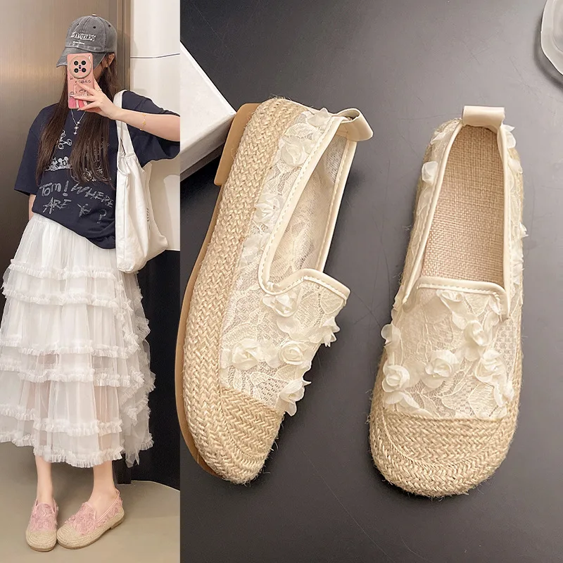 

2025 Summer New Lace Espadrille Slip Ons for Women Breathable Mesh & Lace Design Casual Shoes with Dress Outfits Bohemian Style