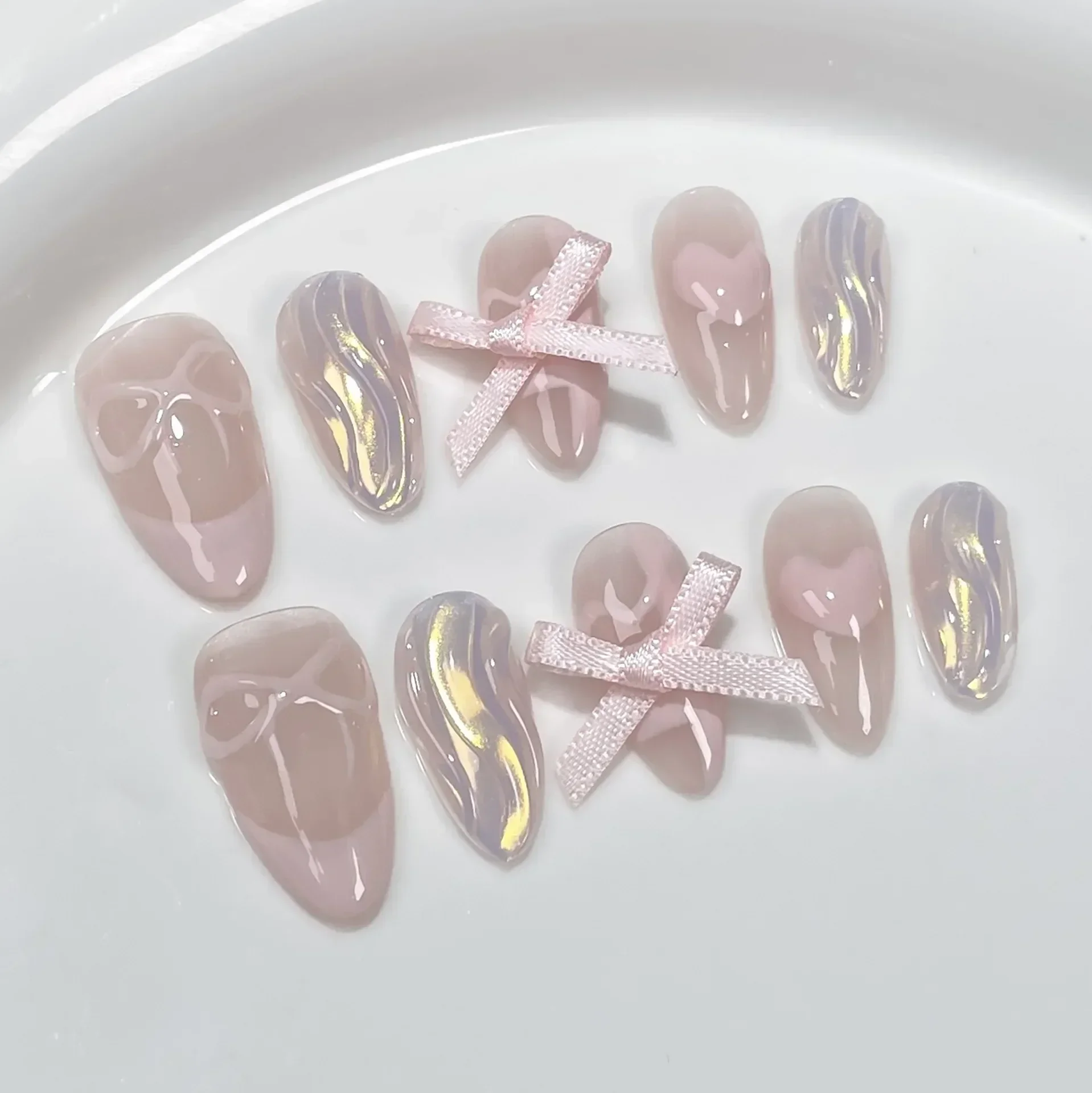 10 stuks blozen roze amandel handgemaakte pers op nagels kunstnagels gradiënt ovaal volledige dekking manicure decoratie draagbare nageltips kunst