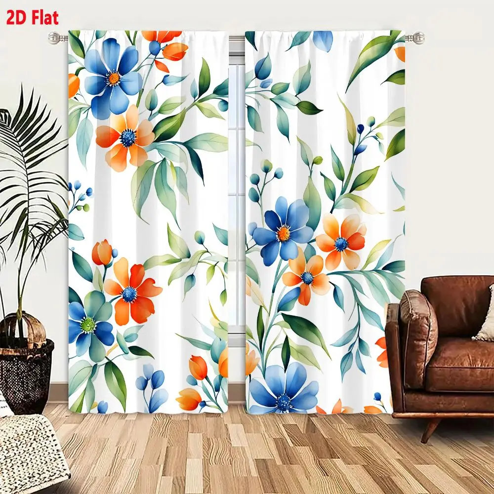 2Pcs Curtains 2D Flat Seamless Floral Pattern With Blue Orange And Green Flowers On White Background Window Drapes for Bedroom R