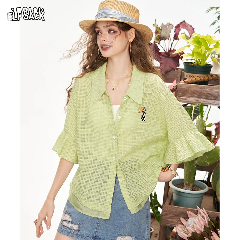 

ELFSACK 2025 Summer New Arrivals Fairy'S Pocket With Ruffled Cuffs Lightweight Short Sleeve Chic Shirt For Women