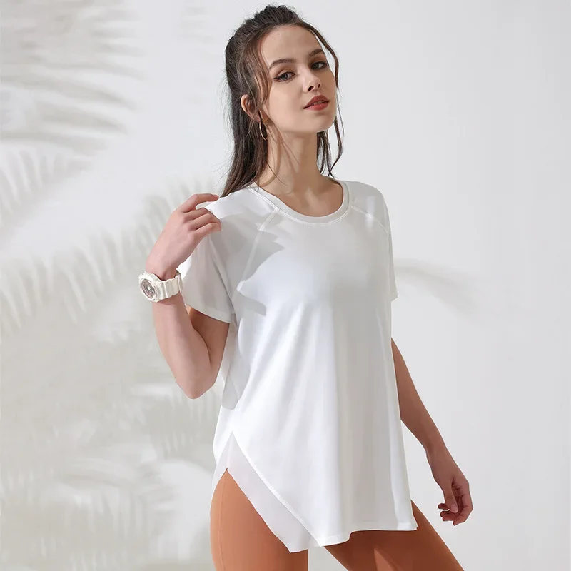 Summer Women Loose Yoga Shirts Short Sleeves Sport T-shirt Mesh Hem Running Shirt Girls Quick Dry O-Neck Gym Fitness Tops Blouse