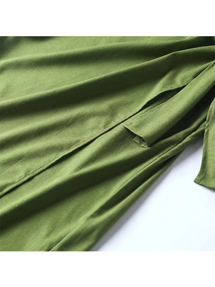 YENKYE 2022 New Women Green Linen Cotton Wrap Midi Skirt Vintage Ladies High Waist Summer Faldas  Mujer