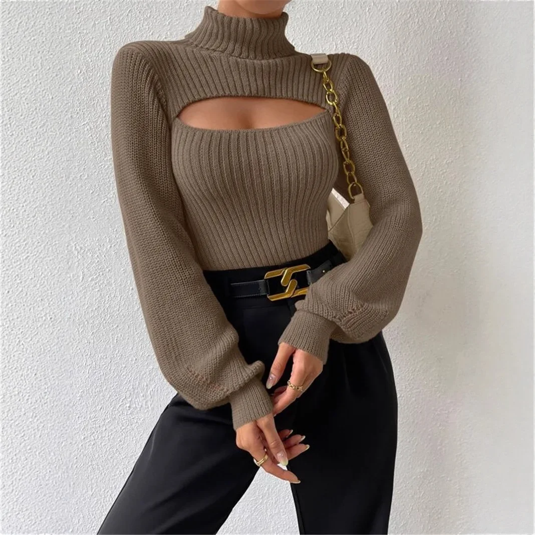 Women Turtleneck Cutout Knit Sweater Lantern Long Sleeve Ribbed Slim Fit Pullover Elegant Ladies Fall Winter Jumper