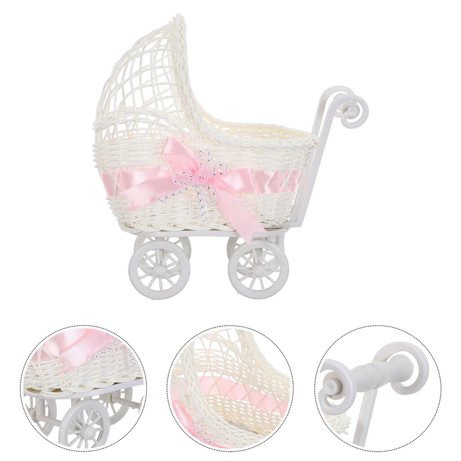 

Mini Woven Stroller Basket Decor Natural Rattan Flower Snack Serving Shower Wedding Party Storage Holder Trolley Candy