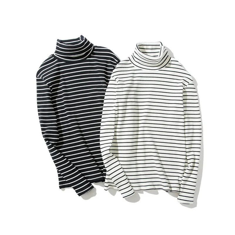 Spring Men\'s Retro Striped Turtleneck T-shirts Long Sleeve Loose Pullover T-shirt Base Tee Tops Man Clothing