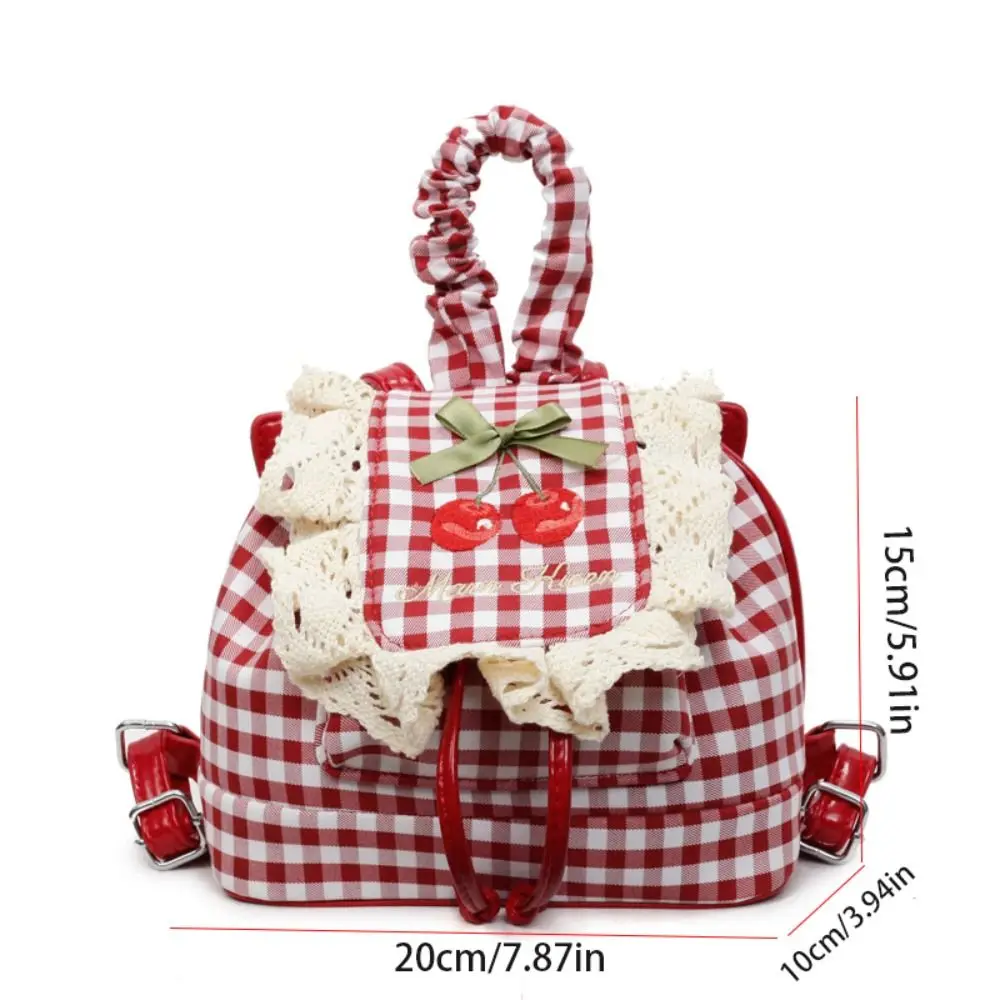 Fashionable Korean Style Lace Plaid Backpack Canvas Travel Cherry Backpack Book Bag Large Capacity Bow Shoulder Bag Girls