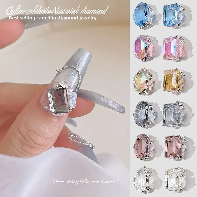 5pcs Sparkly Transparent Stacked Nail Charms Camellia Flower Oval Pigeon Egg Square Rhinestones DIY Manicure Nail Art Decoration