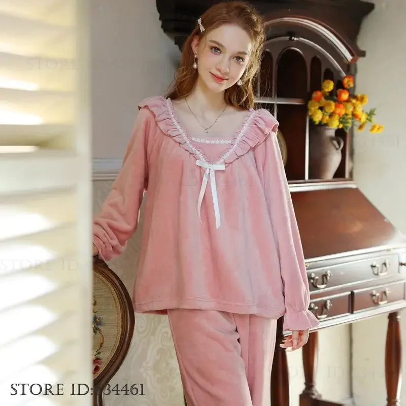 

Женский элегантный пижамный комплект из 2 предметов, осенне-зимняя фланелевая домашняя одежда, одежда для сна во французском стиле, домашняя одежда, теплая пижама из кораллового флиса