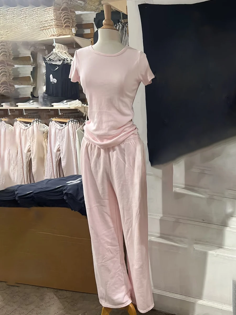 ピンクのベーシック Tシャツパンツセット女性のための夏 O ネック綿スリム Tシャツ + 巾着ストレートスウェットパンツ甘い固体スポーツパンツセット