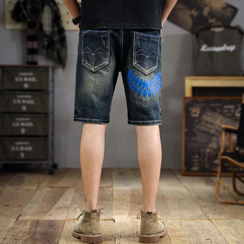 Retro Gewassen Distressed Scrape Denim Shorts Heren Nieuwe 2024 Fashion Printed Design Slanke Gescheurde Cropped Broek