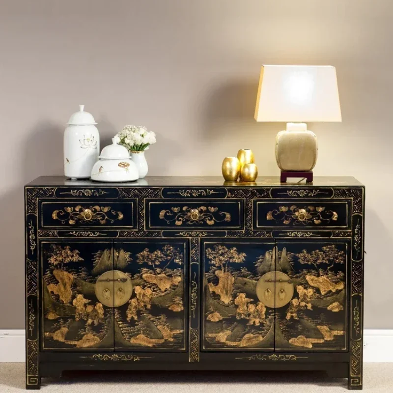 

Furniture Black Gold-Painted Sideboard Entrance Side Classic Style Elm Shoe