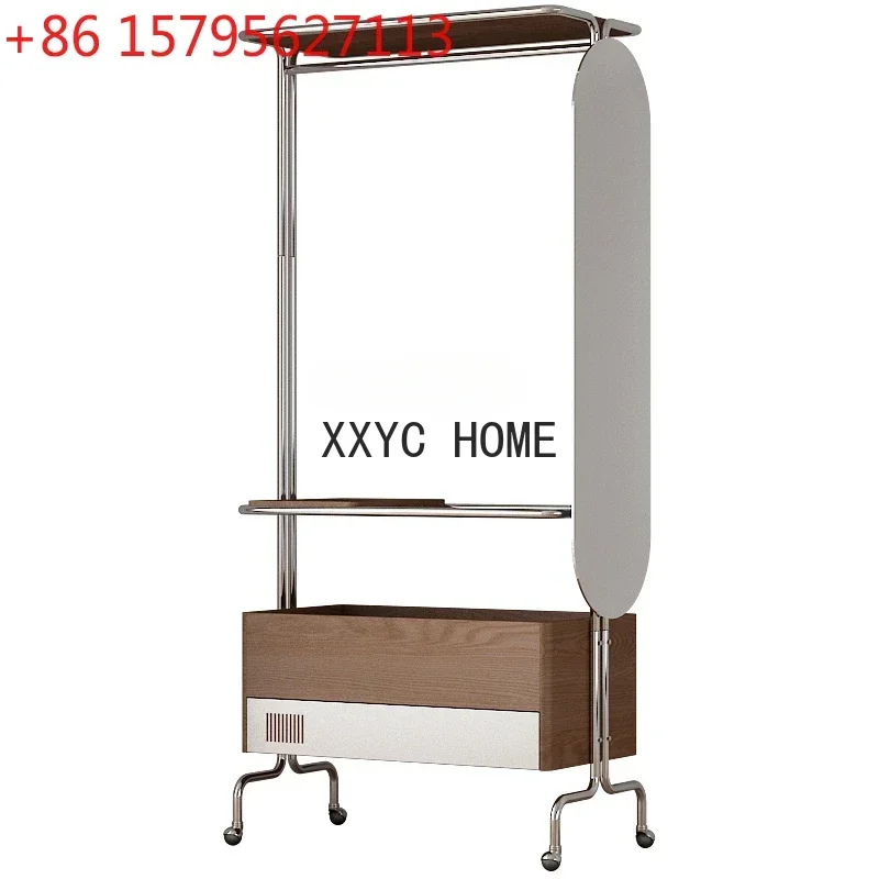 Floor Mobile Solid Wood Coat and Hat Rack Stainless Steel Multi-Functional Storage with Wheels and Drawers Clothes Rack